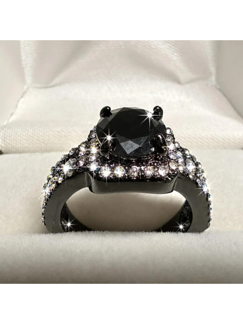 Black Faceted Stone Rhinestone Statement Ring Clear Crystal Cocktail Ring